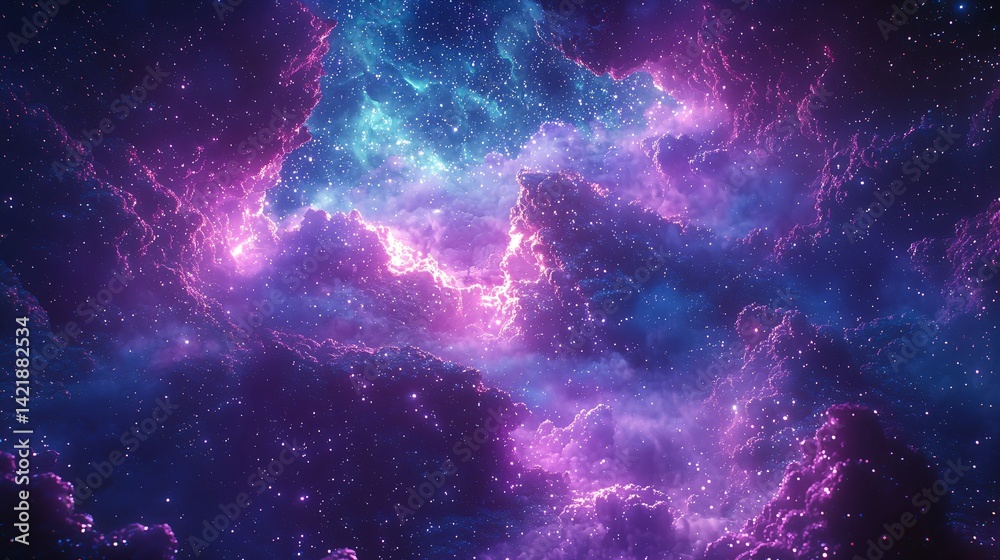 Poster beautiful nebula forming a celestial landscape in space with soft ambient glow and star nurseries in
