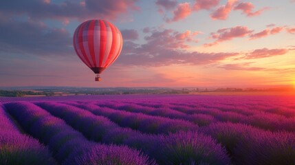 Fototapeta premium Serene Sunset Hot Air Balloon Ride Over Lavender Fields