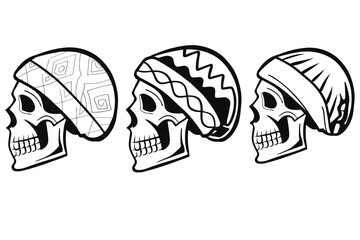 three skull illustrations, each wearing a distinct hat design. The first skull features geometric patterns, the second displays wavy and zigzag patterns, and the third has a simple striped design.