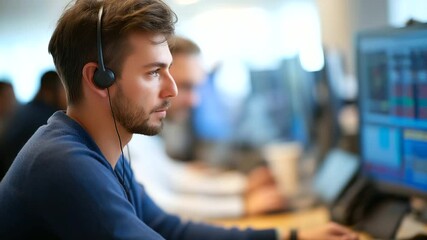 Bustling call center with dynamic stock market trading activity.