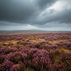 Naklejka premium Rain falling over wild moorland, heather soaked, wind howling gently, sky full of power as nature sighs in soft, fierce beauty.