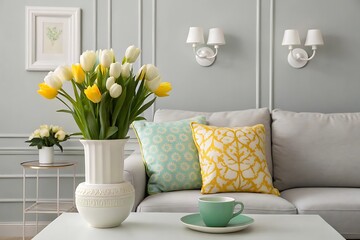 Naklejka premium Living room decor tulips white vase pillows sofa interior design home decor modern stylish bright space