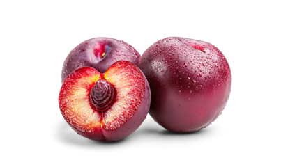 Ripe plums isolated on transparent background showing whole plum, half plum with pit, juicy plum flesh, fresh healthy fruit
