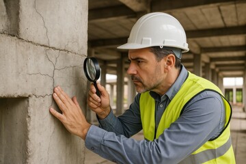 A construction inspector examines cracks in a concrete wall using a magnifying glass, showcasing attention to detail and structural safety on a construction site.