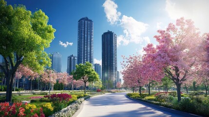 Fototapeta premium Urban Springtime: Blossoms and Skyscrapers
