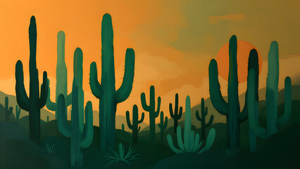 Stylized Desert Sunset: Cactus Silhouettes and Warm Sky.
Desert Cactus Landscape: Artistic Sunset Illustration.
Warm Desert Scene: Cactus Silhouettes at Sunset.
