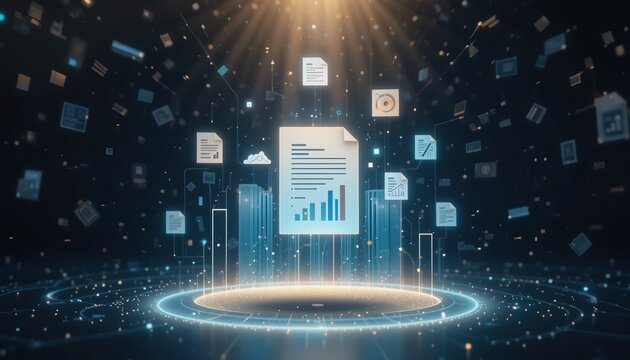 Data visualization event highlighting digital documents and analytics virtual space infographic futuristic environment centered perspective technology trends