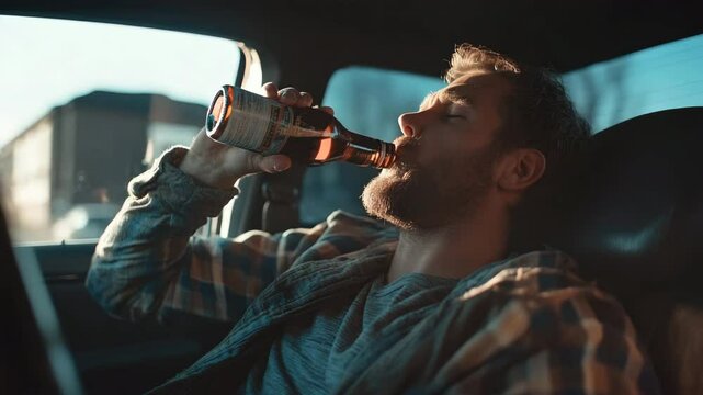 Relaxed drunk man enjoys beer bottle while sitting in car. Person drinks alcohol in auto. Drinking alco addiction. Addicted guy, dangerous driving. Lager abuse, problem.