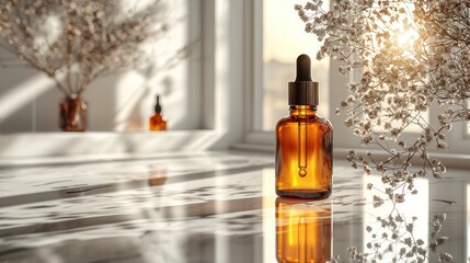 Amber serum bottle, sunlit window, marble surface, floral backdrop; beauty product advertising