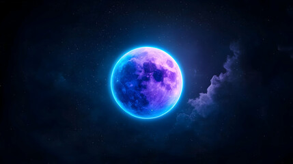Obraz premium Glowing Purple And Blue Full Moon In Night Sky With Stars And Clouds