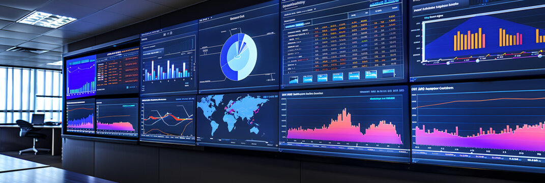 Sala de control u oficina moderna con m&uacute;ltiples pantallas grandes que muestran gr&aacute;ficos, tablas y visualizaciones de datos financieros o tecnol&oacute;gicos. Centro de monitoreo.
