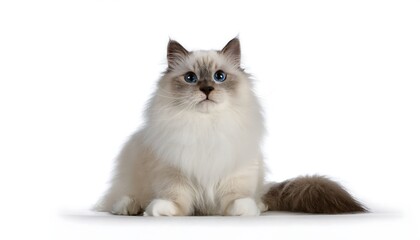 Fototapeta premium Elegant Ragdoll Cat with Striking Blue Eyes Posing Gracefully on White Backdrop