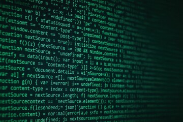 Close-up view of green coding data on a dark screen, showcasing programming language scripts and digital content. Ideal for technology, software, and coding themes.