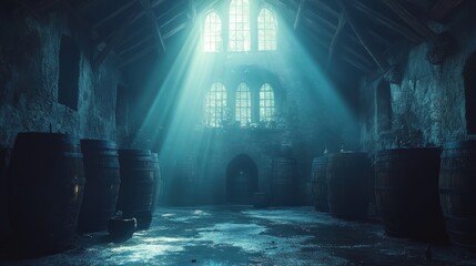 Obraz premium Dark cellar with barrels, stone walls, and light shining through windows.