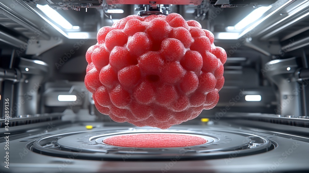 Poster 3d rendering of a red raspberry like sphere in a futuristic machine. the sphere is suspended above a