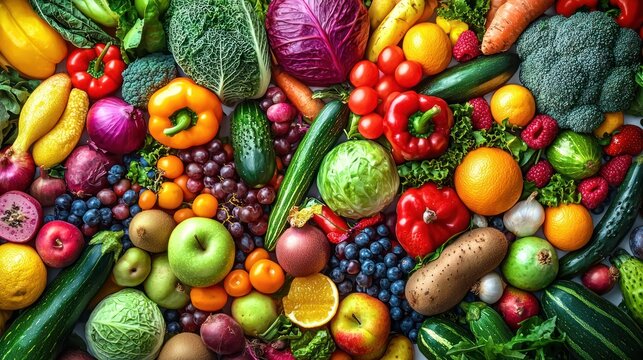 Colorful fruits and vegetables, healthy eating, vibrant produce, flat lay, food photography, website banner, recipe blog