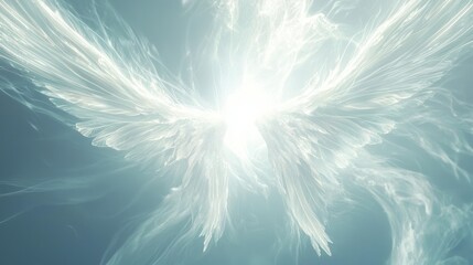 Softly glowing white angel wings, creating a heavenly and divine aura against a white backdrop.
