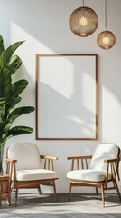 Modern Scandinavian Living Room Interior Mockup with Empty Frame