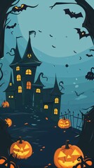 Halloween background with pumpkins, cemetery and castle. Spooky Halloween banner with a Copy Space. Halloween Background with Copy Space. 2d illustration for your design.