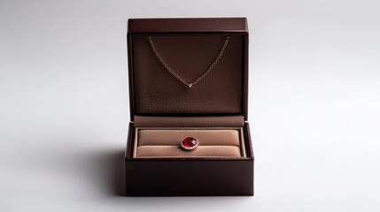 Sophisticated dark brown open jewelry gift box with a ruby pendant inside, on a white backdrop.
