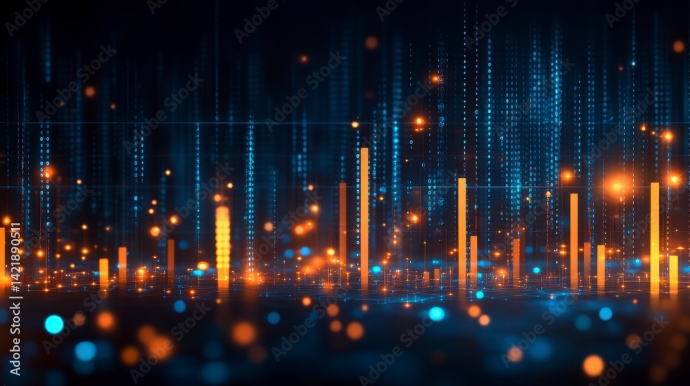 Wall mural abstract digital landscape with glowing orange and blue data streams. dark background with bokeh eff