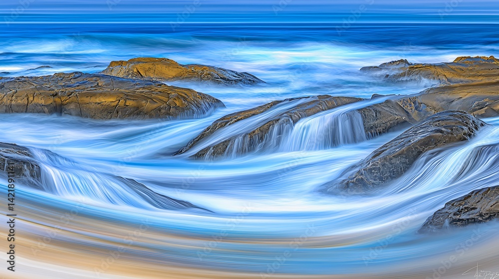 Poster powerful wave crashing over rocks with surreal color-shifting waters under low-key light creating a 