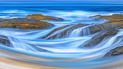 Powerful wave crashing over rocks with surreal color-shifting waters under low-key light creating a dreamlike scene of nature's force