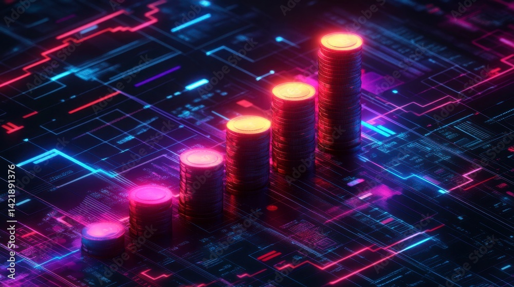 Poster abstract 3d rendering of glowing bar graph on a circuit board, representing data growth and technolo