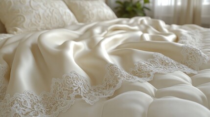Luxurious cream satin bedding with delicate lace trim on a neatly made bed.