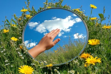 Hand Reaching for Sky Reflected in Round Mirror in Meadow