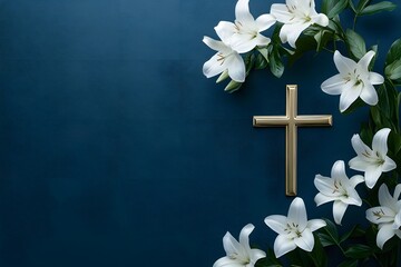 Obraz premium Serene Golden Cross and Lilies against Dark Blue Hue