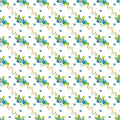 Seamless Floral Pattern of Blue Flowers and Green Leaves on White