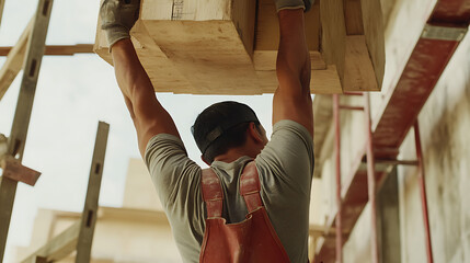 Construction Worker Lifting Wooden Beams