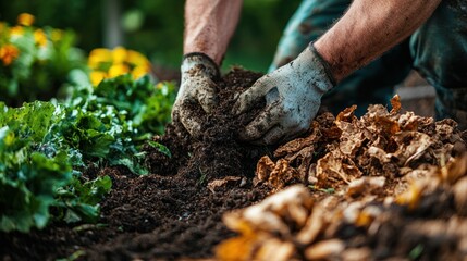 Gardener hands planting soil in garden bed