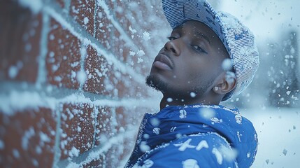 Man leaning against brick wall in snowfall