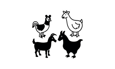 Farm animals  set - cute Goat, Chicken, Rooster and Duck, simple thick lines kids or children cartoon coloring book pages.