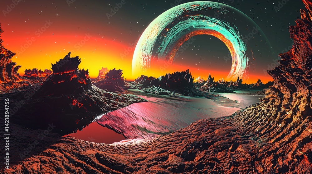 Wall mural a breathtaking planet under a bright orange sky creating a surreal and dreamlike atmosphere with moo