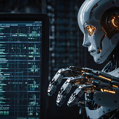 An advanced AI humanoid intently processing complex data streams displayed on a monitor