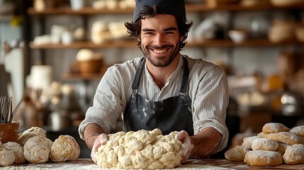Smiling baker expertly handles a dough ball.