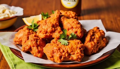 Delicious Fried Chicken Pieces Served On A Plate With Lemon Slice