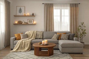 Cozy living room decor with sofa pillows blanket coffee table candles and floating shelves design idea