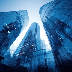 Low angle view of tall modern glass skyscrapers against a bright sky.