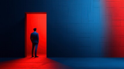 A businessman in a dark suit stands before a red door, bathed in contrasting red and blue light. Abstract, dramatic scene.