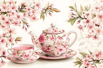 Springtime Tea Set Surrounded by Blooming Cherry Blossoms