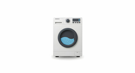 Washing Machine Front View with Blue Water Inside on White