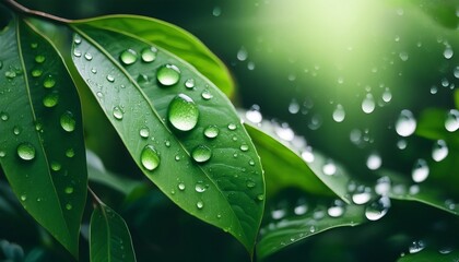 Naklejka premium Rain-kissed foliage, water droplets clinging to leaves with soft reflections of the surrounding greenery.