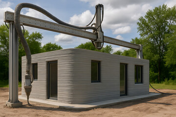 3D Printed House Construction: A robotic arm delicately lays down concrete, building a contemporary 3D printed house.  Innovative construction, the future of architecture.