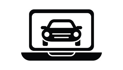 Online Car Service Icon Vector, Black Silhouette Design of Vehicle on Laptop Screen for Automotive Technology