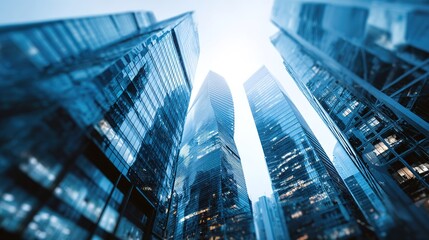 Fototapeta premium Tall buildings reach towards the sky in a modern urban cityscape.