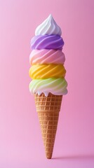 A Rainbow Delight: Multicolored Ice Cream Cone Against a Pink Background